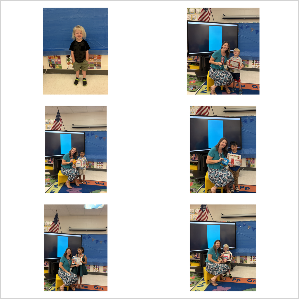  Collage of classroom award and graduation photos. Top-left and bottom-center: wide classroom views with young children seated at low tables on a colorful alphabet rug; several children wear medals while a blonde child in the foreground eats a blue-frosted cupcake with a spoon; adults (including a woman in a green dress and a woman in a wheelchair) and classroom shelves, a whiteboard/screen, and learning materials are visible. Top-right and middle-left: close-ups of two children eating cupcakes — a girl with dark pigtails in a teal dress wearing a medal and blue bracelet, and a boy in a blue Superman T-shirt wearing a medal and yellow bracelet; light-colored cabinets are in the background. Middle-right: three children (the same girl and boy plus another boy in a white shirt) sit together eating cupcakes from plates; background shows a refrigerator with magnets, shelves with books, a red beanbag, and windows. Remaining photos show a teacher seated on a yellow stool presenting small trophies, books, and "Certificate of Achievement" to individual children who stand beside her wearing medals, plus portrait-style shots of young children in maroon graduation caps and gowns and an outdoor group photo by palm trees with yellow flower decorations.