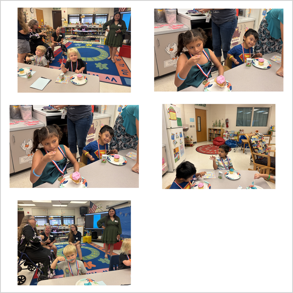  Collage of classroom award and graduation photos. Top-left and bottom-center: wide classroom views with young children seated at low tables on a colorful alphabet rug; several children wear medals while a blonde child in the foreground eats a blue-frosted cupcake with a spoon; adults (including a woman in a green dress and a woman in a wheelchair) and classroom shelves, a whiteboard/screen, and learning materials are visible. Top-right and middle-left: close-ups of two children eating cupcakes — a girl with dark pigtails in a teal dress wearing a medal and blue bracelet, and a boy in a blue Superman T-shirt wearing a medal and yellow bracelet; light-colored cabinets are in the background. Middle-right: three children (the same girl and boy plus another boy in a white shirt) sit together eating cupcakes from plates; background shows a refrigerator with magnets, shelves with books, a red beanbag, and windows. Remaining photos show a teacher seated on a yellow stool presenting small trophies, books, and "Certificate of Achievement" to individual children who stand beside her wearing medals, plus portrait-style shots of young children in maroon graduation caps and gowns and an outdoor group photo by palm trees with yellow flower decorations.