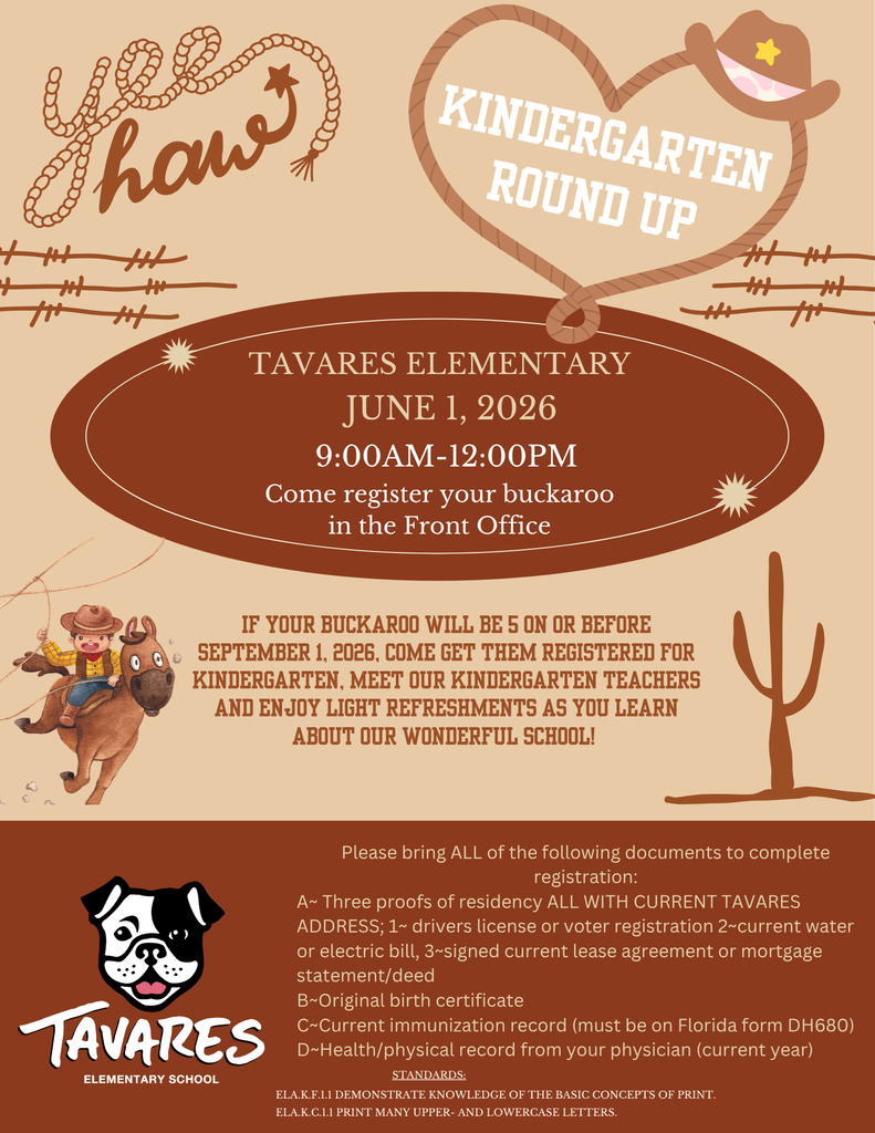 Flyer for Kindergarten round-up, June 1st, 2026, 9am to 12pm at Tavares Elementary School.