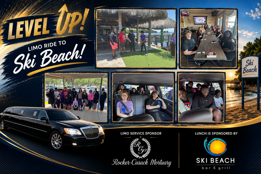 Promotional collage celebrating Oak Park Middle School's Level UP! incentive trip to Ski Beach. The graphic features a large gold-and-blue "LEVEL UP! Limo Ride to Ski Beach!" title on the left, a black stretch limousine at the bottom, and five photos of participating students. The photos show students riding in the limousine, gathering with staff and sponsors, enjoying lunch together at Ski Beach Bar & Grill, and spending time outdoors by the waterfront. A scenic lakeside beach with the Ski Beach sign appears in the background. Sponsor recognition is displayed at the bottom: Rocker-Cusack Mortuary is acknowledged as the limo service sponsor, and Ski Beach Bar & Grill is recognized as the lunch sponsor. The overall design uses navy blue, gold, and black accents to celebrate student achievement and community partnerships.