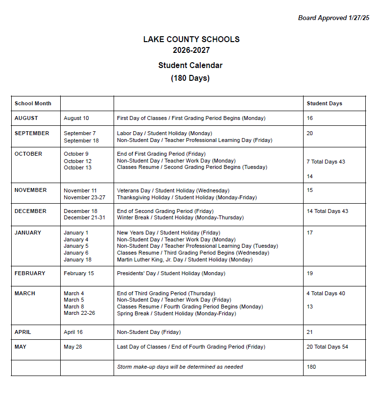 school calendar