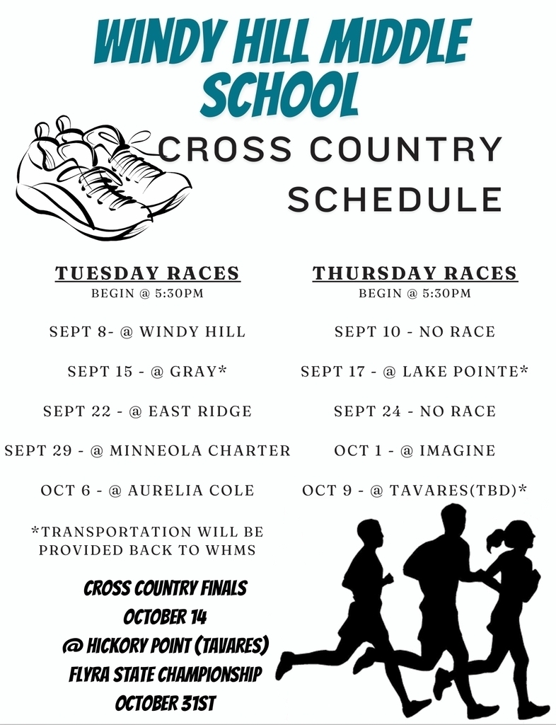WHMS Cross Country schedule will be Tuesday and Thursday beginning September 8. and ending October 9,  meets will be at 5:30pm