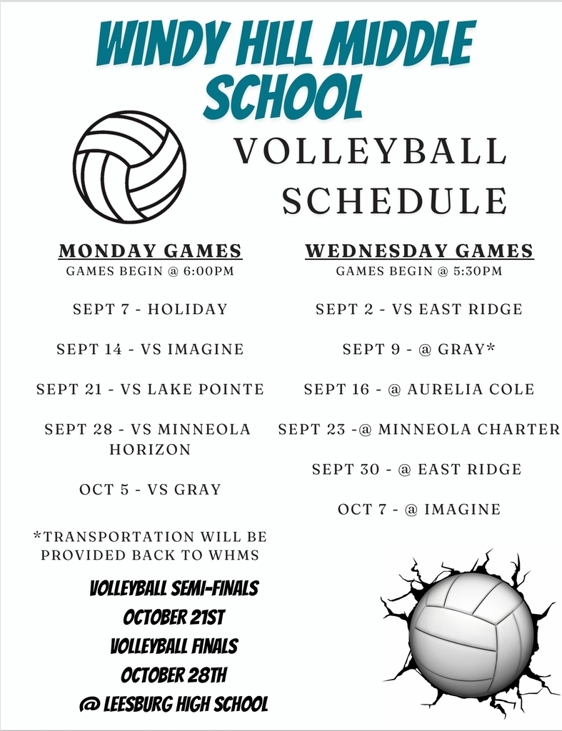 WHMS Volleyball schedule games will be Mondays and Wednesdays beginning September 2. and ending October 7th, Monday games will be at 6pm and Wednesday games will be at 530pm
