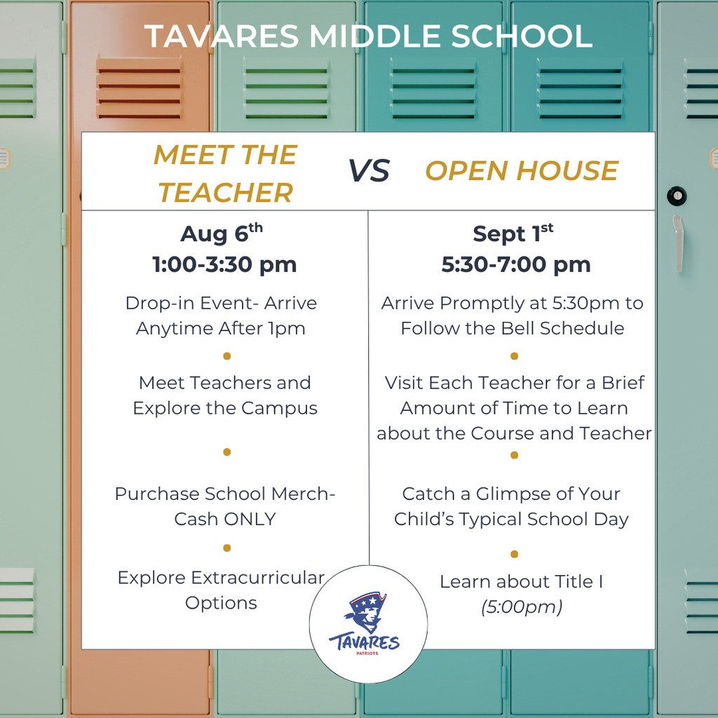 School flyer with "Meet the Teacher" and "Open House" events. Dates and times are provided.