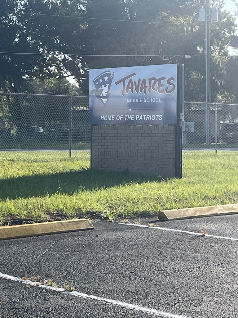A sign on a brick base beside a fence. It reads "Tavares Middle School Home of the Patriots." The grass is green, and the sky is bright.
