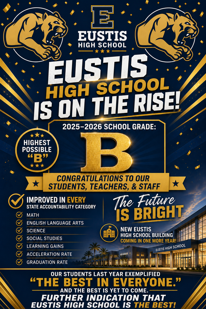 A poster celebrating Eustis High School's achievements, showcasing a B grade for 2025-2026 and improvements in every category.