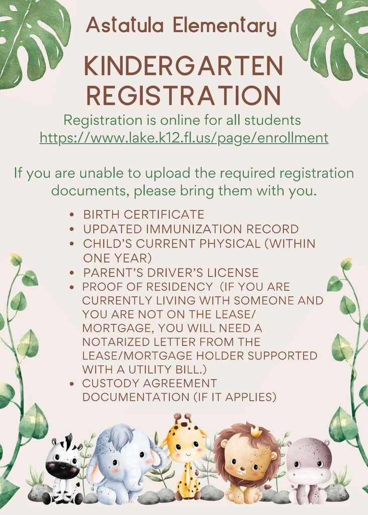 Jungle-themed poster. The heading reads "Astaluta Elementary Kindergarten Registration" and includes the website. Below is a list of required documents for registration.