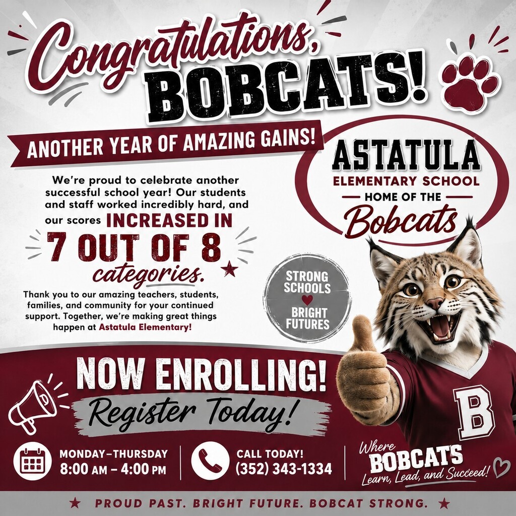An advertisement features a cat mascot with thumbs up. Text reads "Congratulations, Bobcats! Another Year of Amazing Gains!" Register today by calling (352)343-1334 M-Thurs. 8:00-4:00