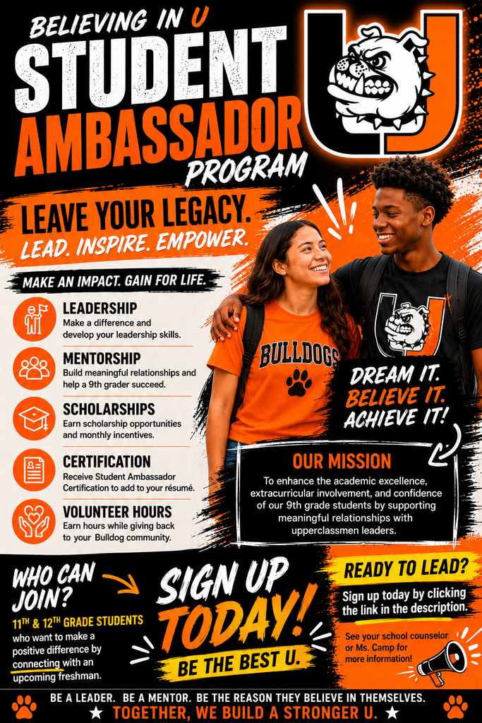 Poster with orange and black colors. It reads "Student Ambassador Program". Two students pose for a picture.