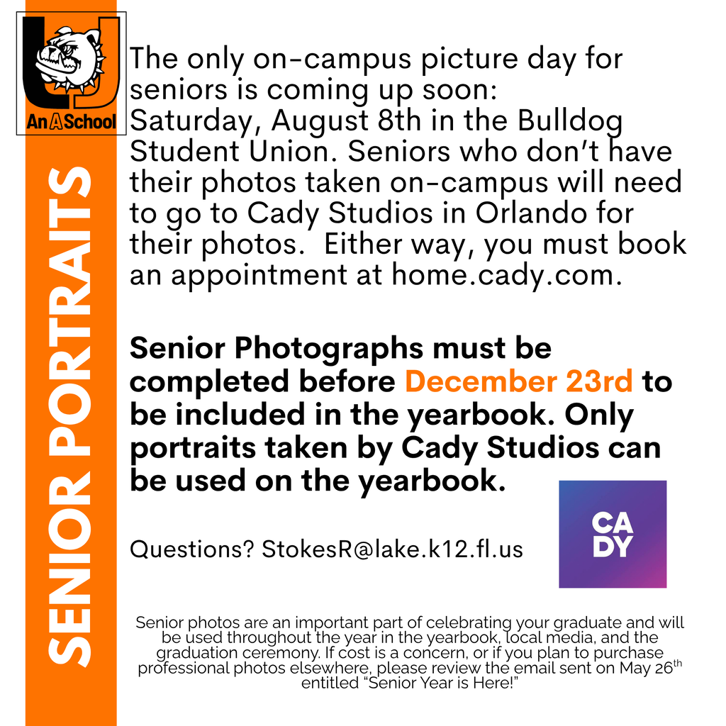 A flyer informs students of the senior photo session on campus. It states that photos must be completed by December 23rd.