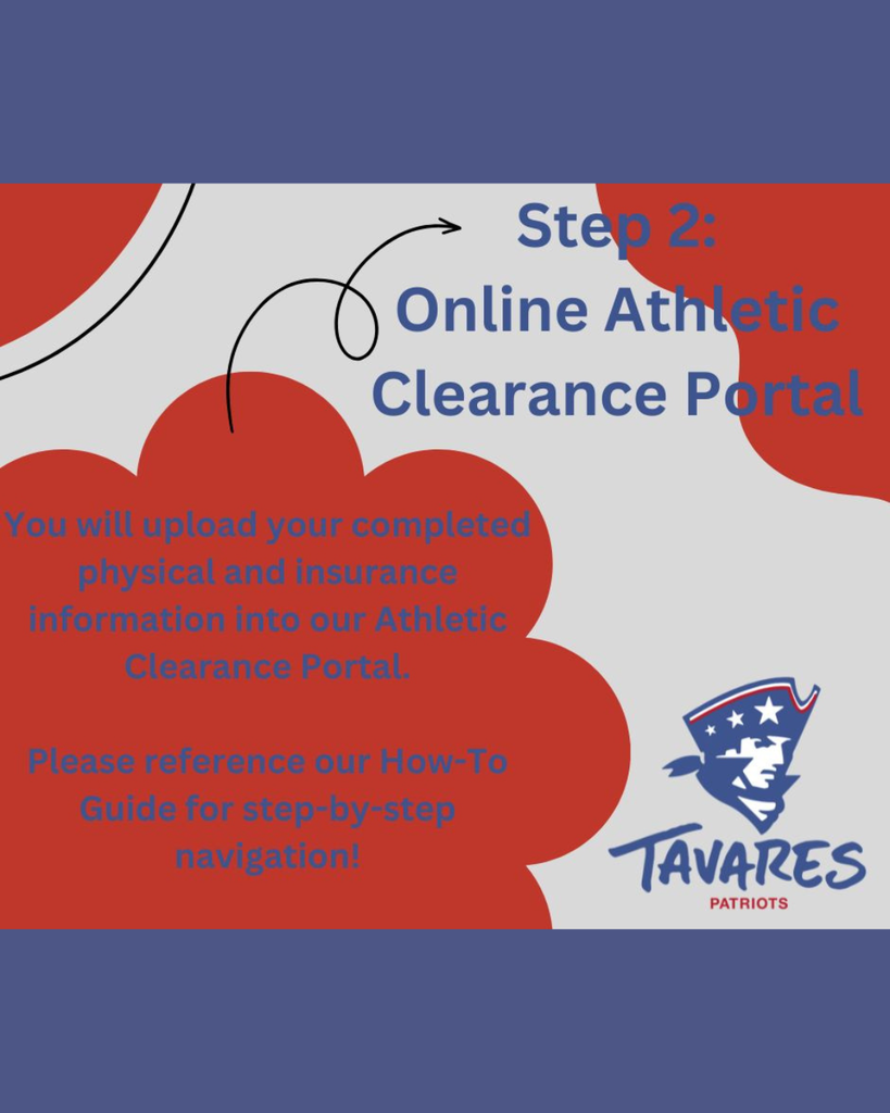 A blue and white background with a red heart design. Text reads "Step 2: Online Athletic Clearance Portal" and instructions for uploading information.