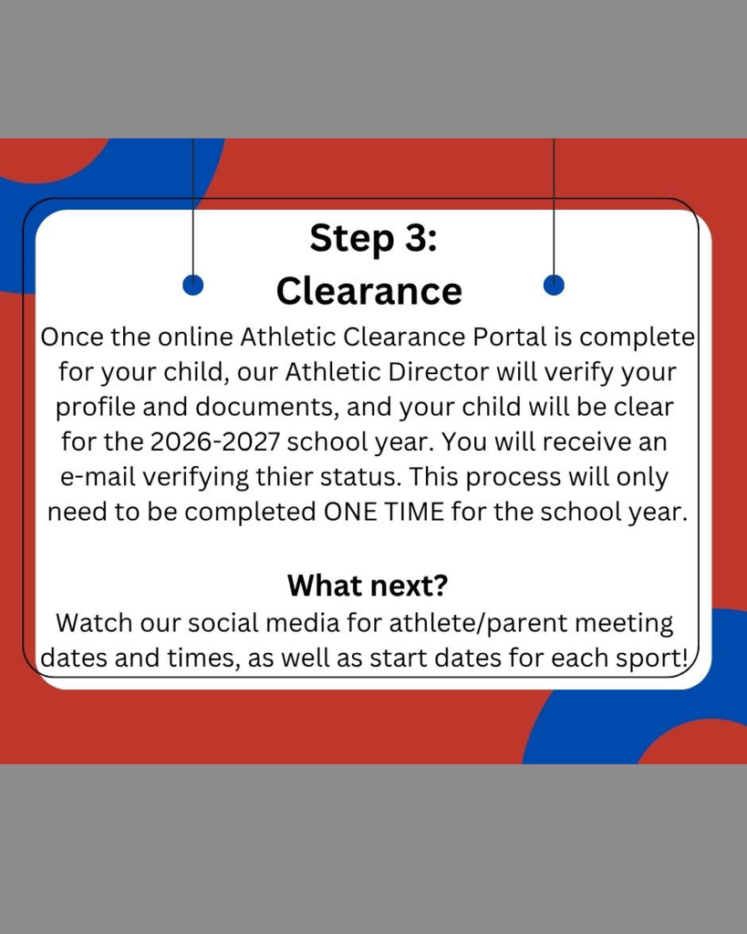 An informational graphic with a red and white background. It has three blue dots and text explaining the third step in the athletic clearance process.