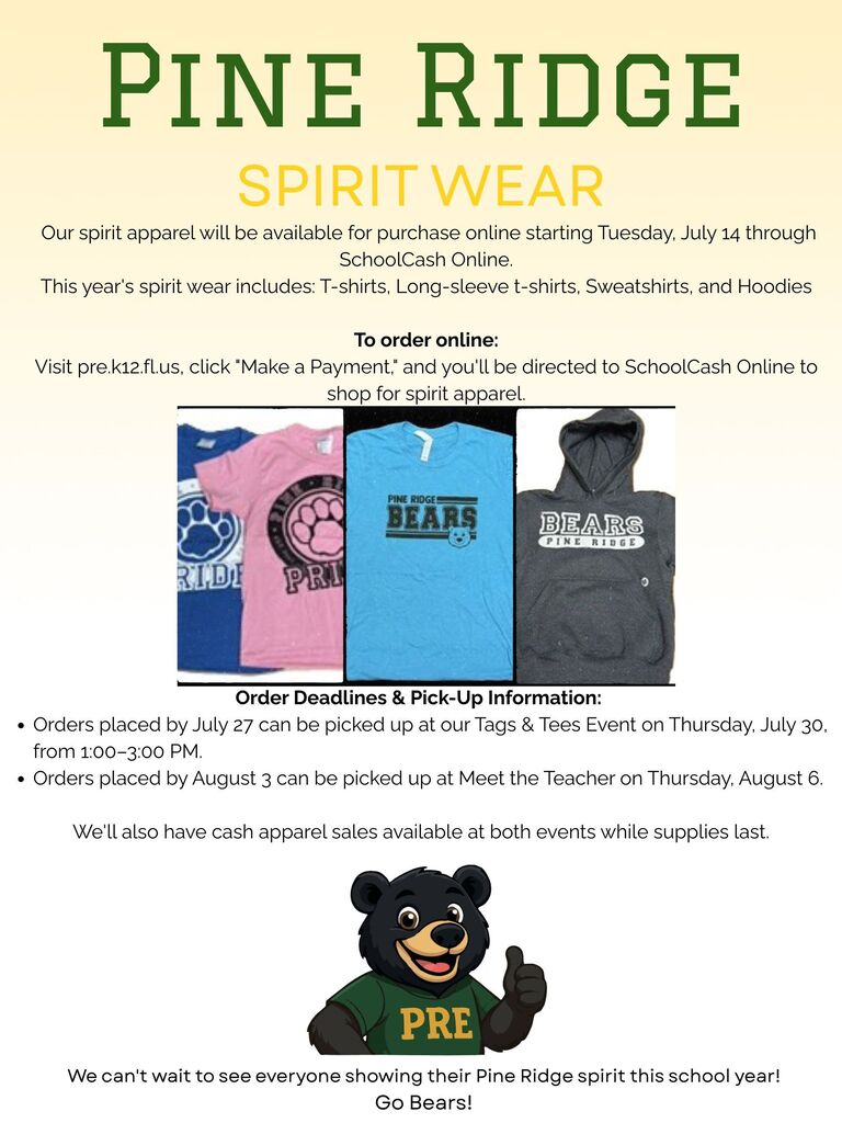 PRE Spirit Wear going on sale July 14, 2026 through School Cash Online 