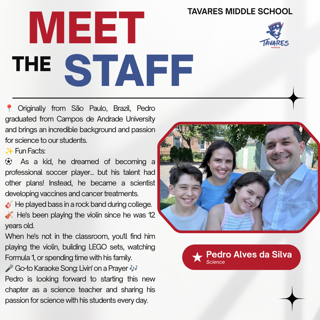 A poster introduces Pedro, a science teacher from Brazil, with a photo of him and his family.
