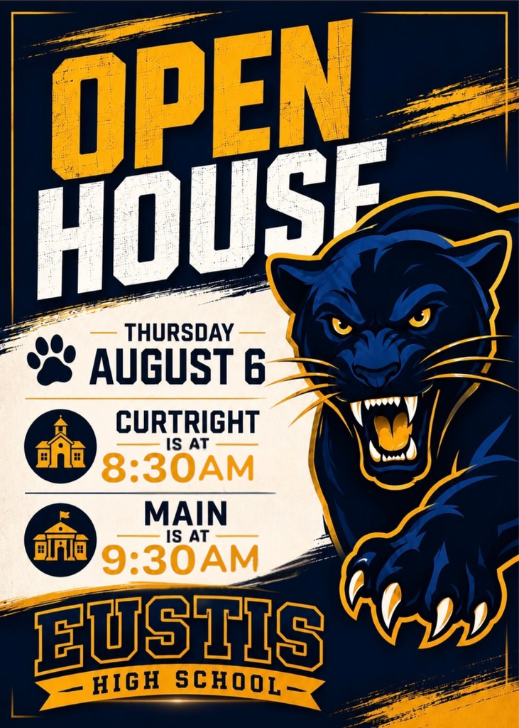 A poster with text "OPEN HOUSE" and "EUSTITIS HIGH SCHOOL" at the bottom. A cat face is on the right side.