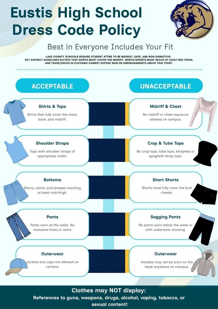 A chart titled "Eustis High School Dress Code Policy" lists acceptable and unacceptable clothing items, such as shirts, tops, shorts, and outerwear.
