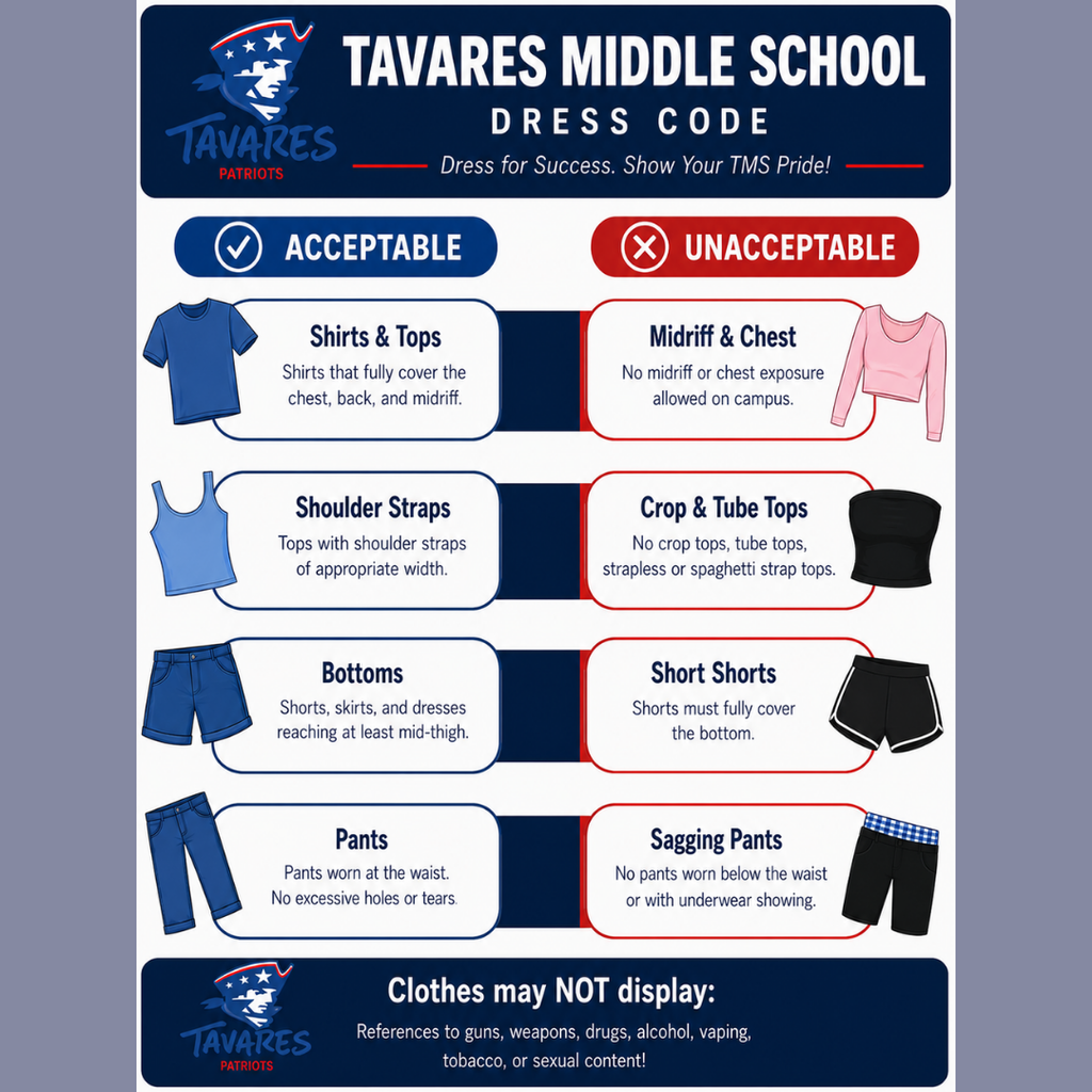 Blue and white poster lists acceptable and unacceptable dress code items for Tavares Middle School students.