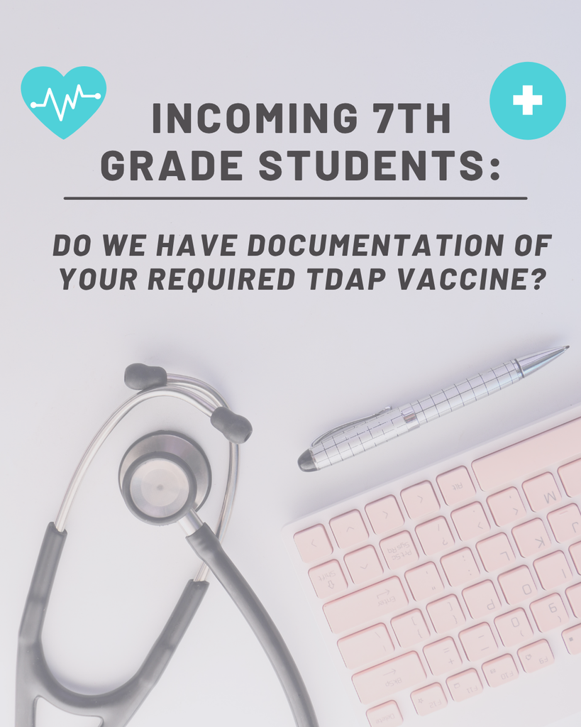 A poster with a stethoscope, a keyboard, and a pen on a white background asks for Tdap vaccine documentation.