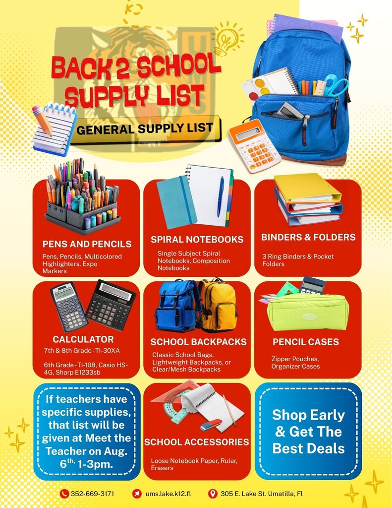 An educational poster with icons. Titles include "Pens and Pencils", "Spiral Notebooks", "School Backpacks". Text reads "Back 2 School Supply List".