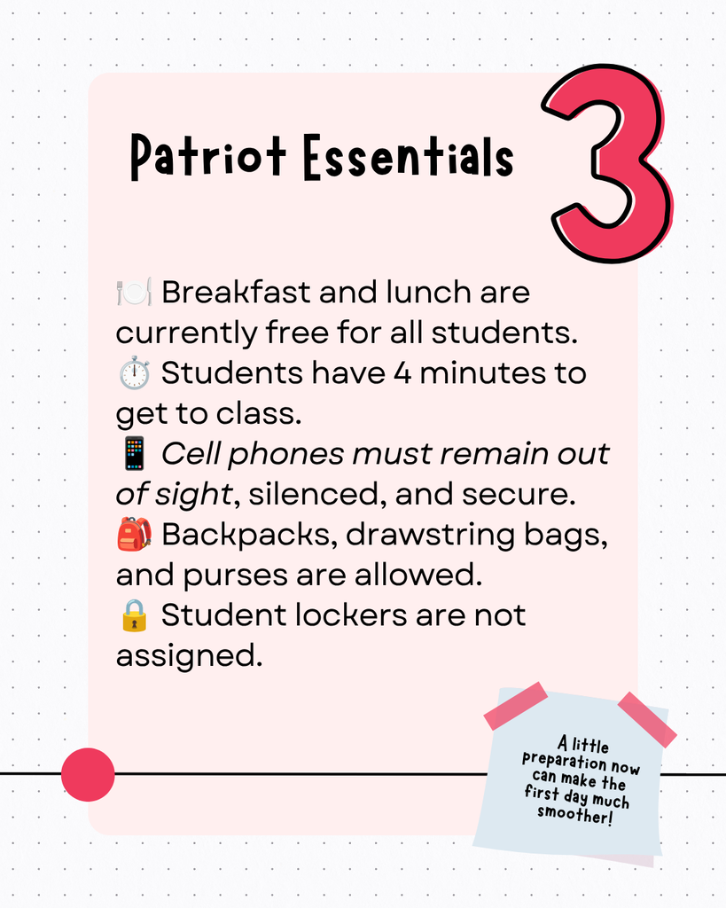 A pink-themed page with "Patriot Essentials" at the top and number 3. Below, it reads, "Breakfast and lunch are free for all students."
