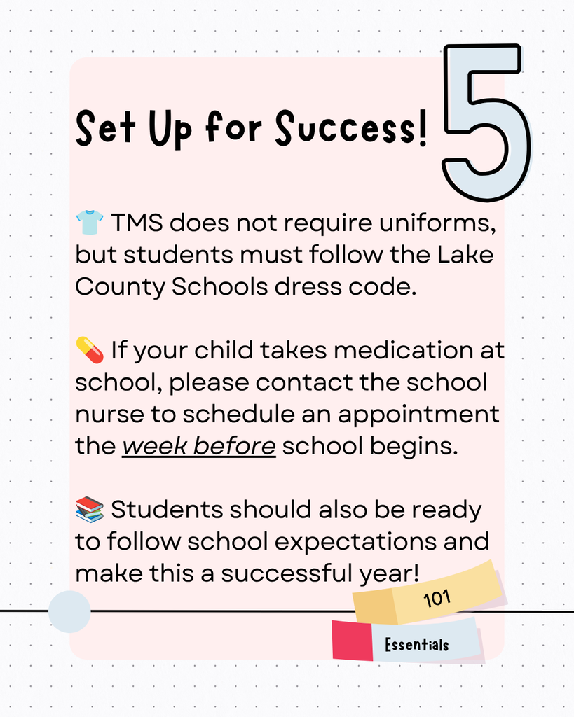 A pink background displays information for parents, numbered "5" and titled "Set Up for Success!" It includes guidelines about dress codes, medication, and school expectations.