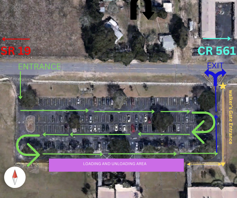 Aerial view of a parking lot. Arrows indicate directions for entrance, exit, and loading/unloading. Roads labeled SR 19 and CR 561.