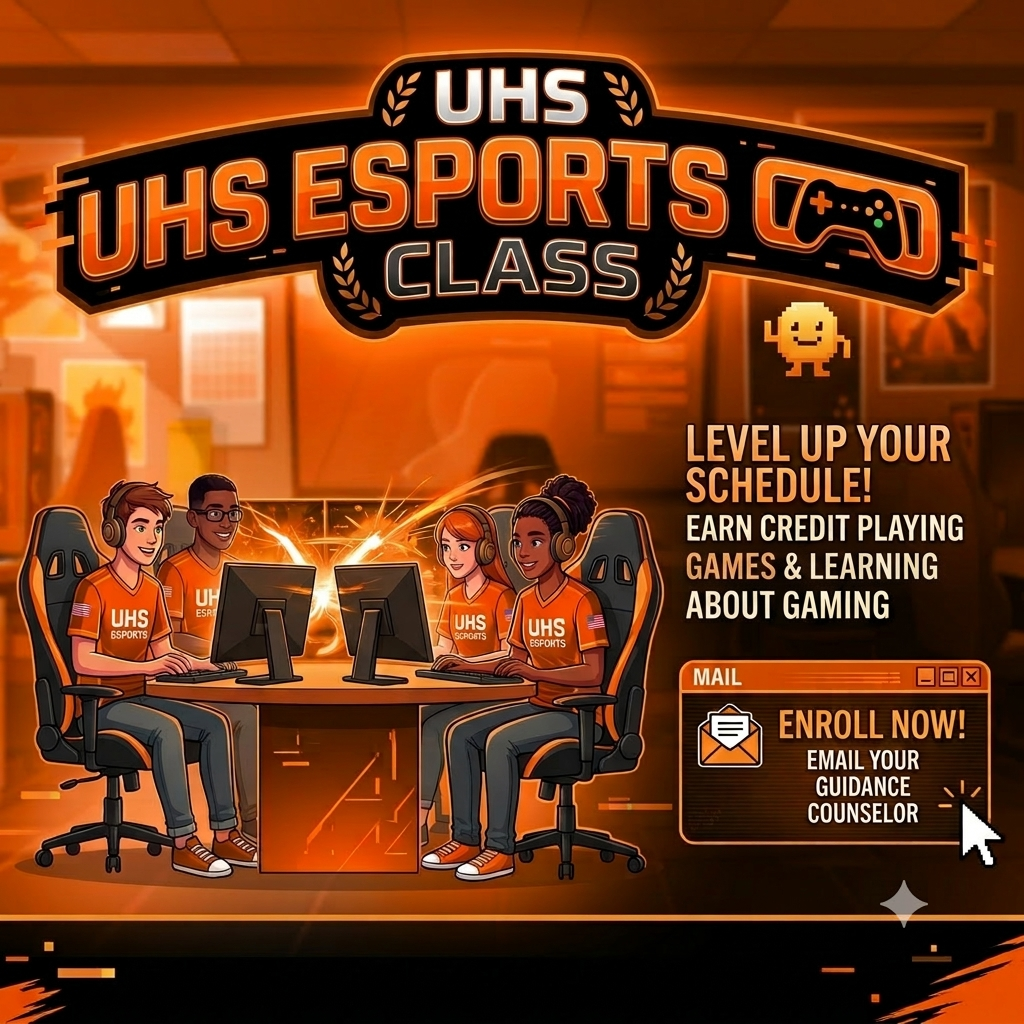 A group of students in orange shirts sit at computers with monitors. The words "UHS Esports Class" appear above.