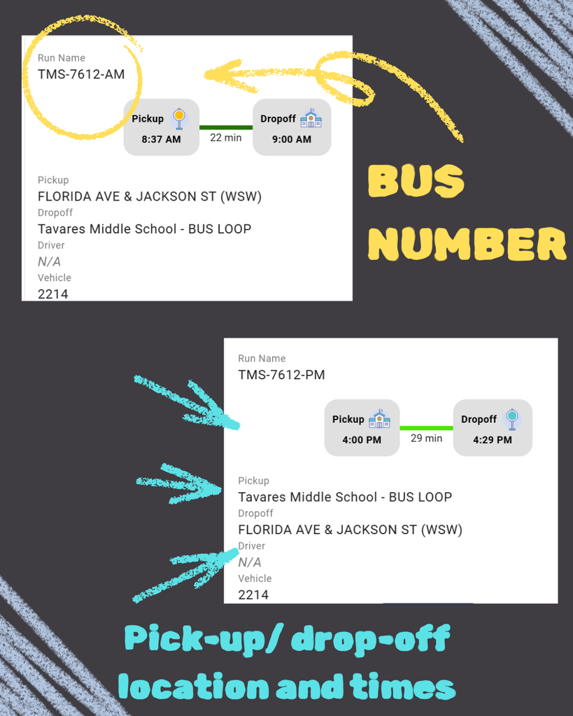 Two bus route cards show pickup and drop-off times, locations, and vehicle numbers. Arrows point to these details.