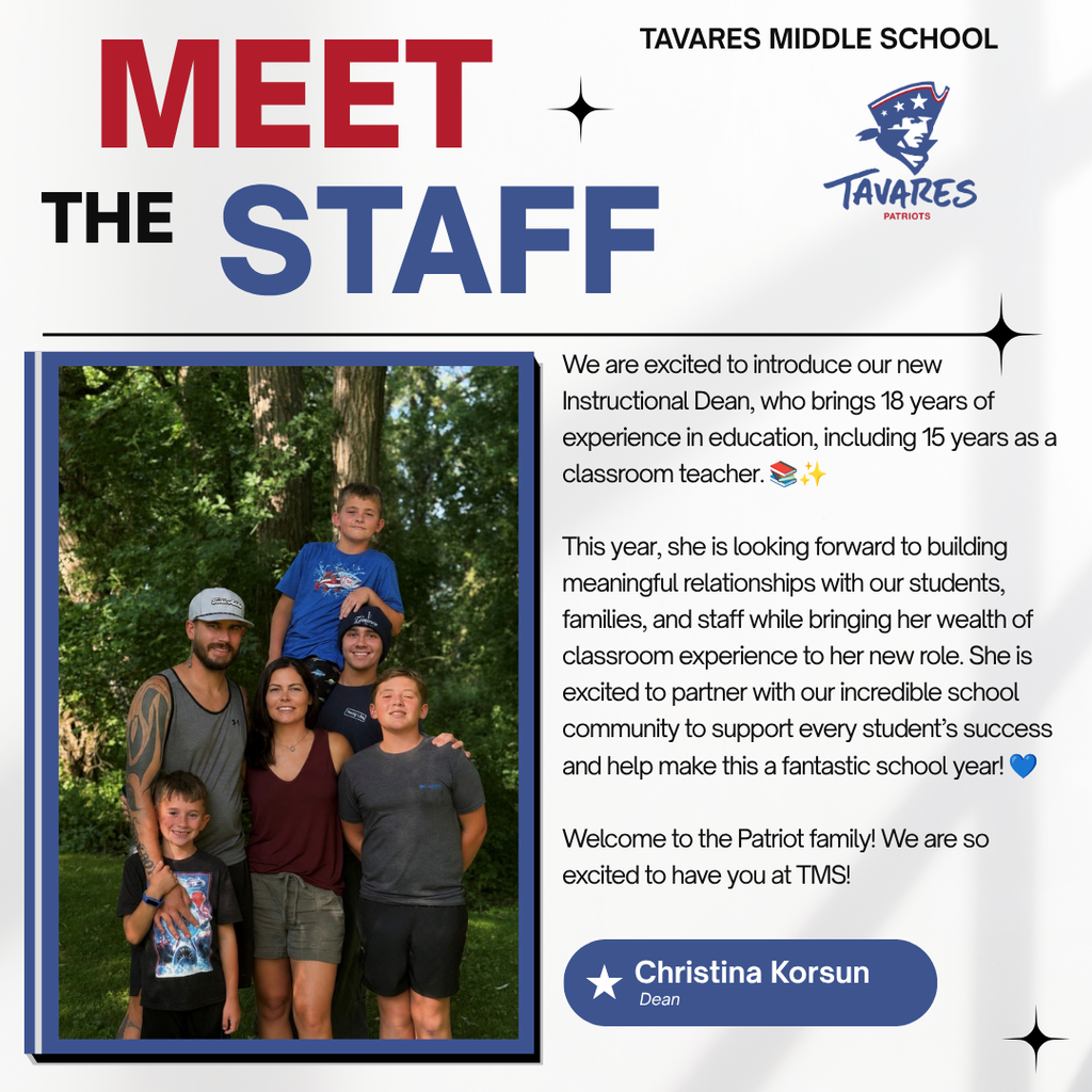 A group of five people, possibly family, standing in a park with trees. Text highlights a welcome message for a new staff member.
