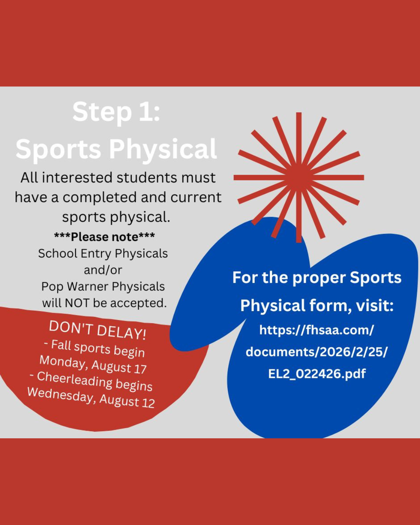 Text and graphics for a sports physical. It contains a red starburst and blue ovals with information.
