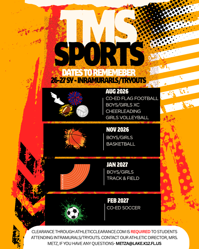 Sports poster with vibrant colors. A soccer ball, basketball, and track icons. Text reads "TMS Sports Dates to Remember."