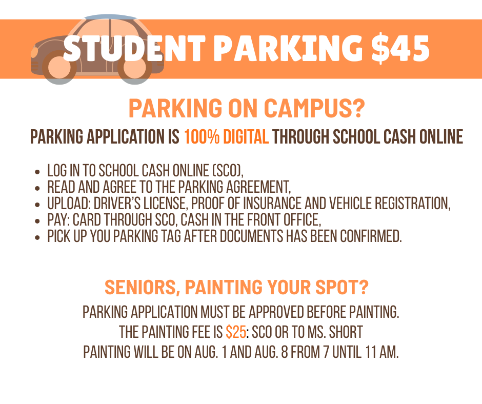 An orange and white sign with text. It includes information on student parking fees and how to apply digitally.