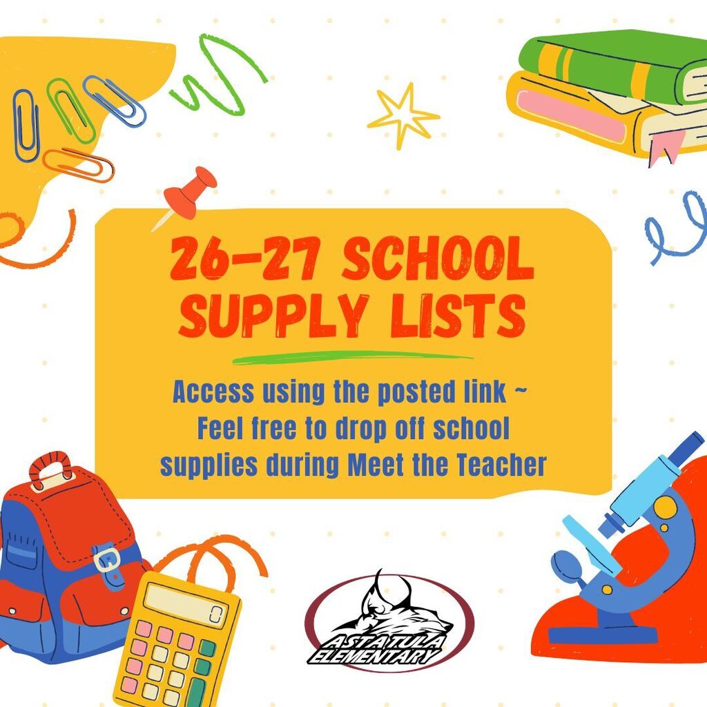 An announcement with a yellow background showing items like a backpack, calculator, and microscope. It invites readers to access supply lists using a posted link.