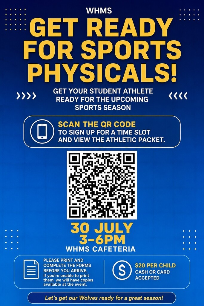 Windy Hill sports physicals being held on July 30th, scan the QR code to sign up for a time slot. Walk in's are also welcome. 3-6pm  in the cafeteria