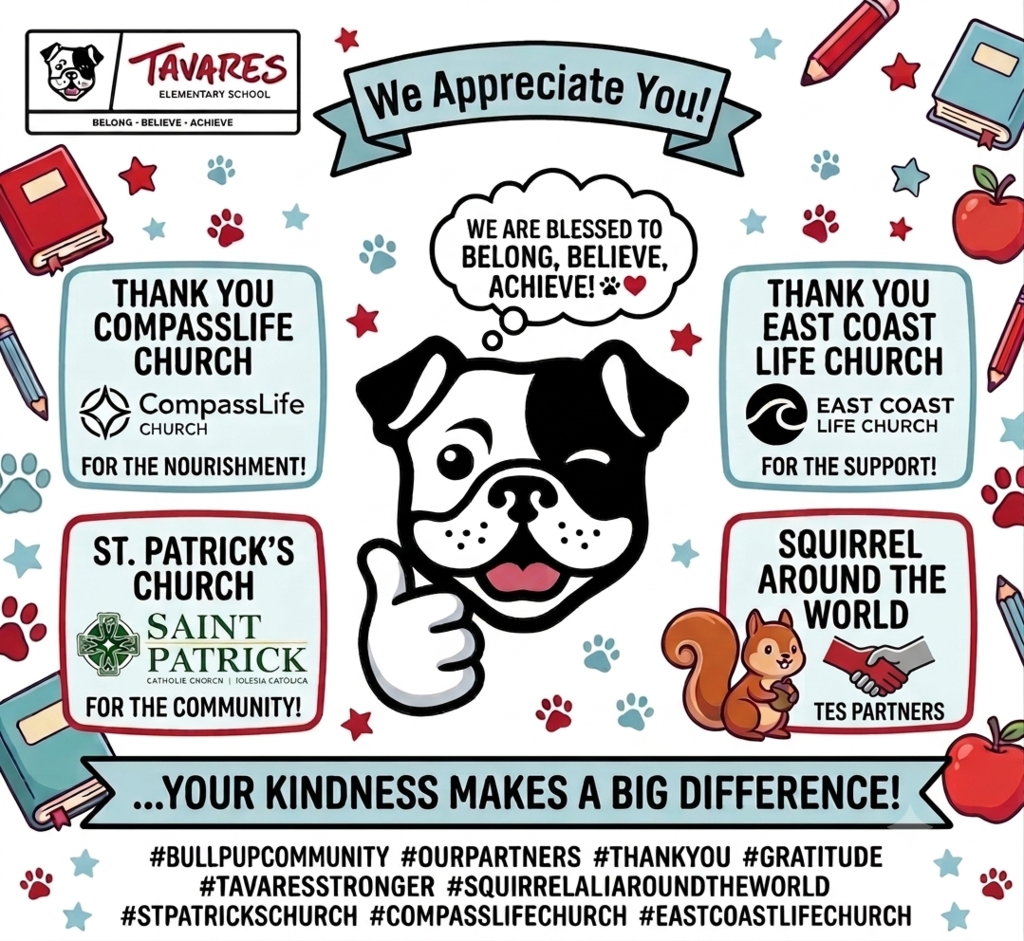 Graphic with text and icons, including a dog, squirrel, and apple. Icons symbolize appreciation for CompassLife Church, East Coast Life Church, and St. Patrick's Church.