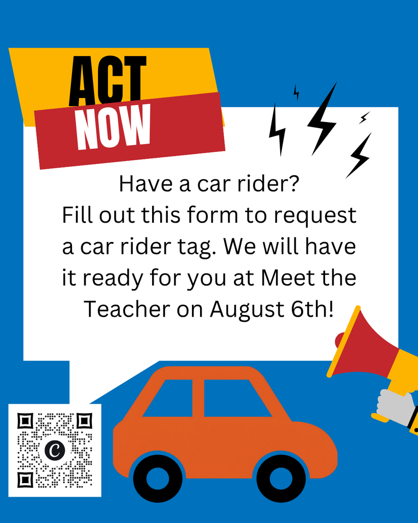 Blue background with white text. Illustration of a car and a megaphone. QR code present.