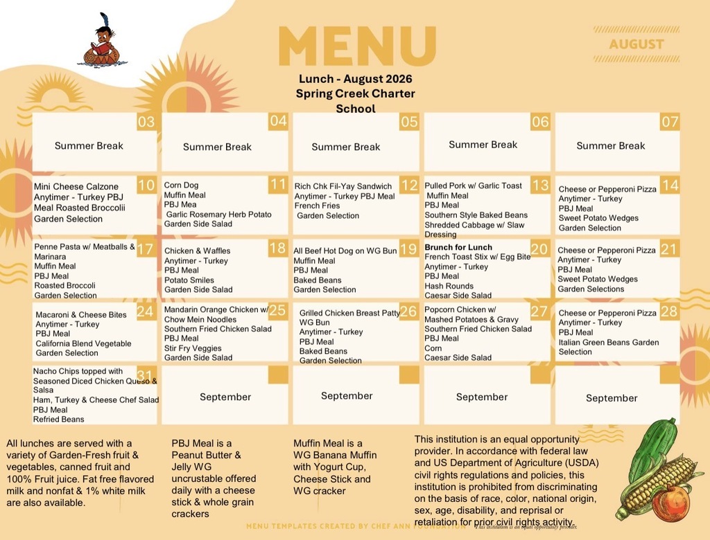 SCCS Lunch Menu August 2026