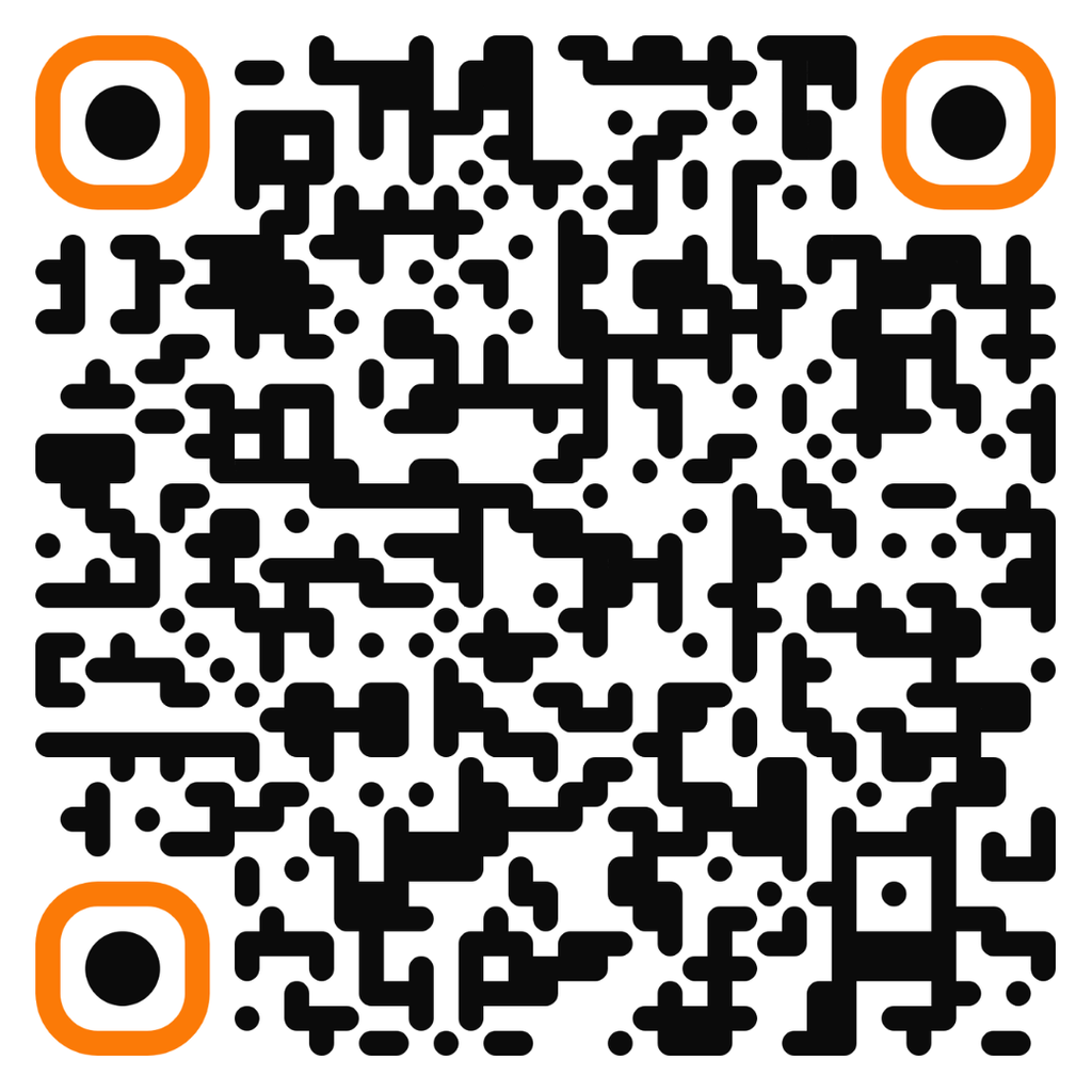 A QR code, containing a grid of black and white squares, is set against a white background with three orange dots.