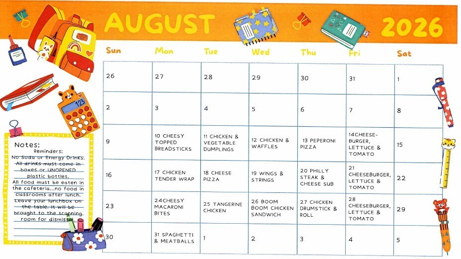 Lunch  menu for the month of August