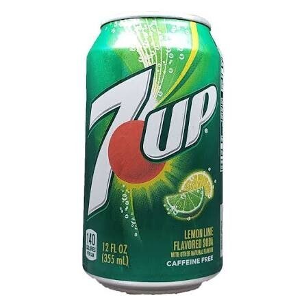 Green can of 7 Up Lemon Lime Flavored Soda, with a lemon slice and lime slice in the middle.