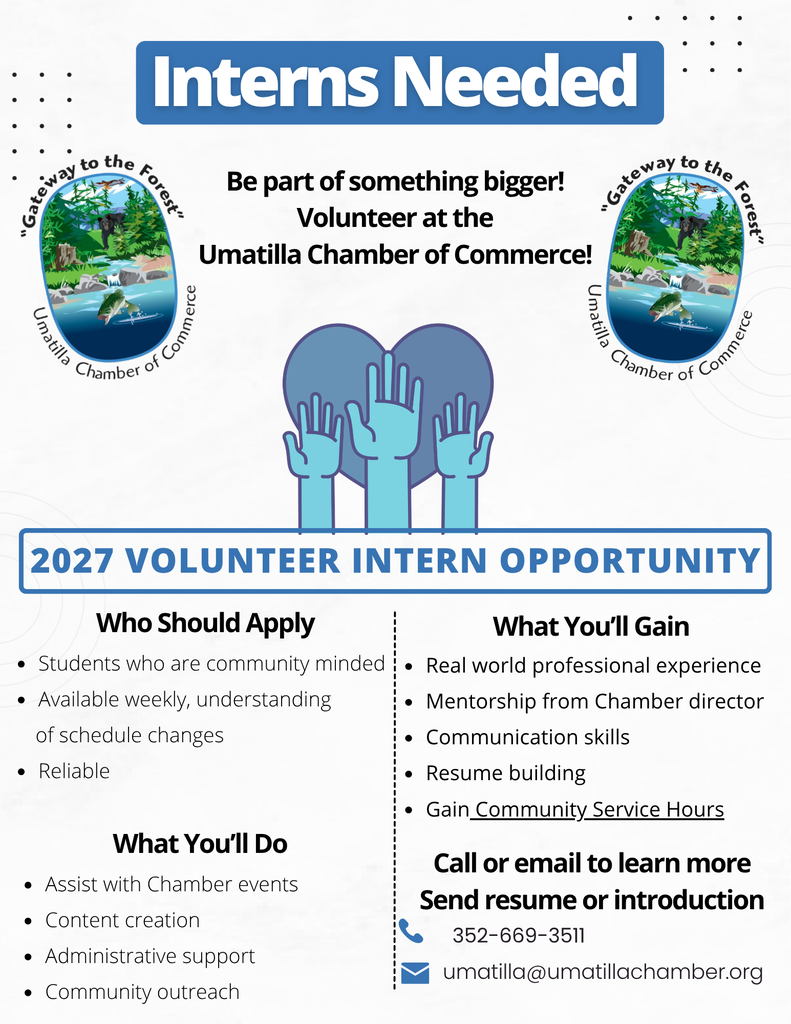 A poster for the 2027 Volunteer Intern Opportunity at Umatilla Chamber of Commerce. Visuals include hands and a natural background.