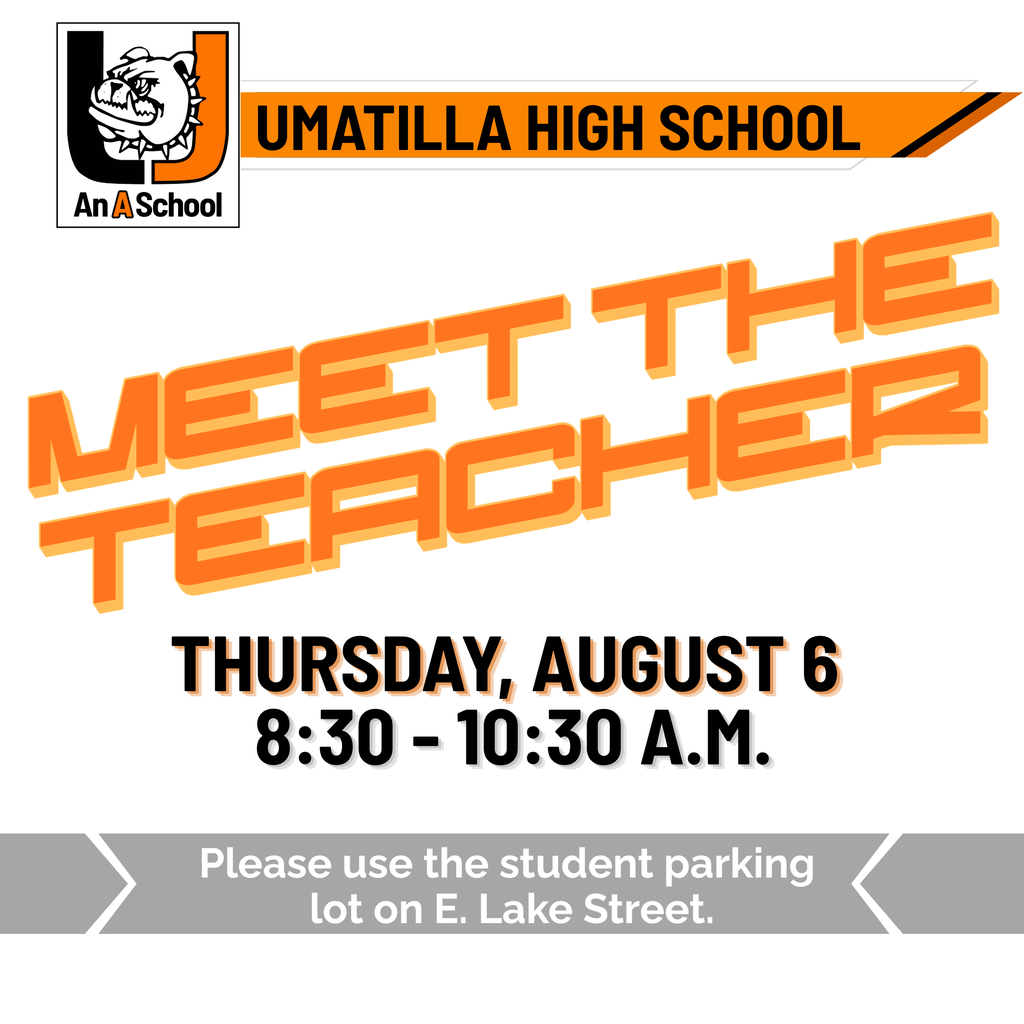 Bold orange text reads "Meet the Teacher" on a white background. Below is the date, time, and parking information.