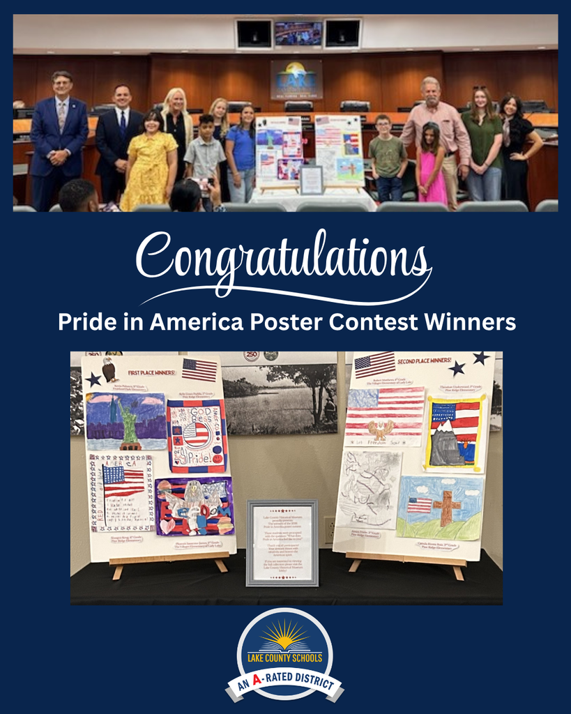 Display of Pride in America poster contest winners in a room with a blue background.