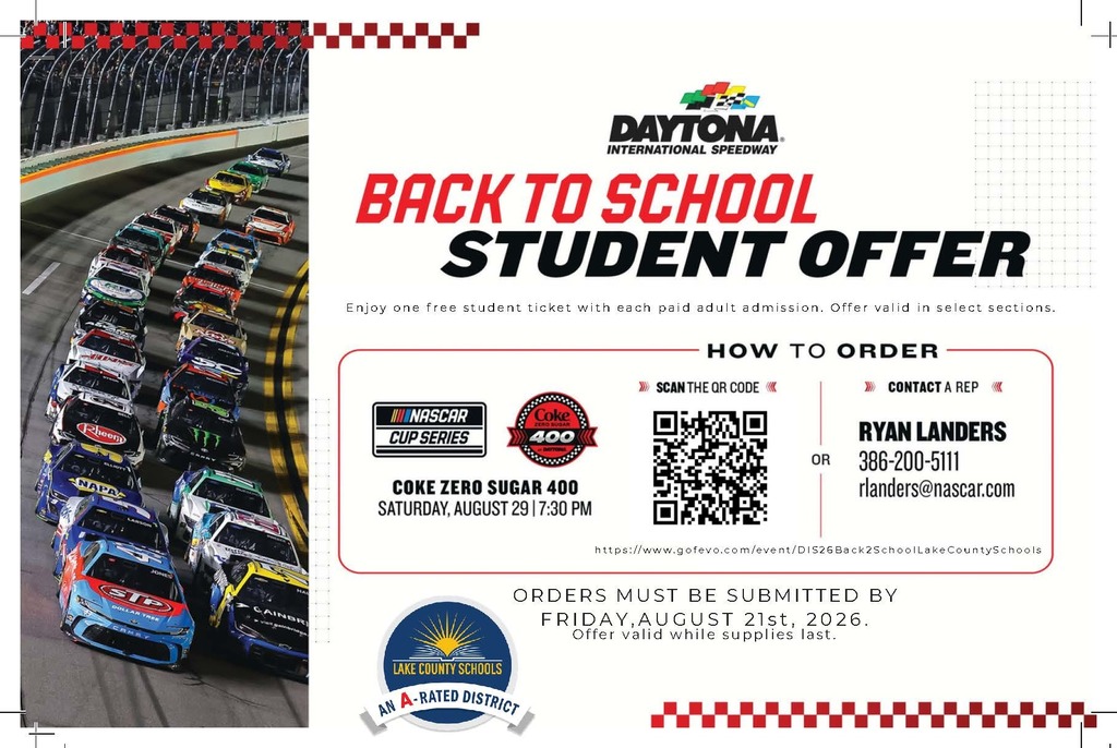 Advertisement for Daytona International Speedway's Back to School Student Offer. Includes a QR code and ordering instructions.