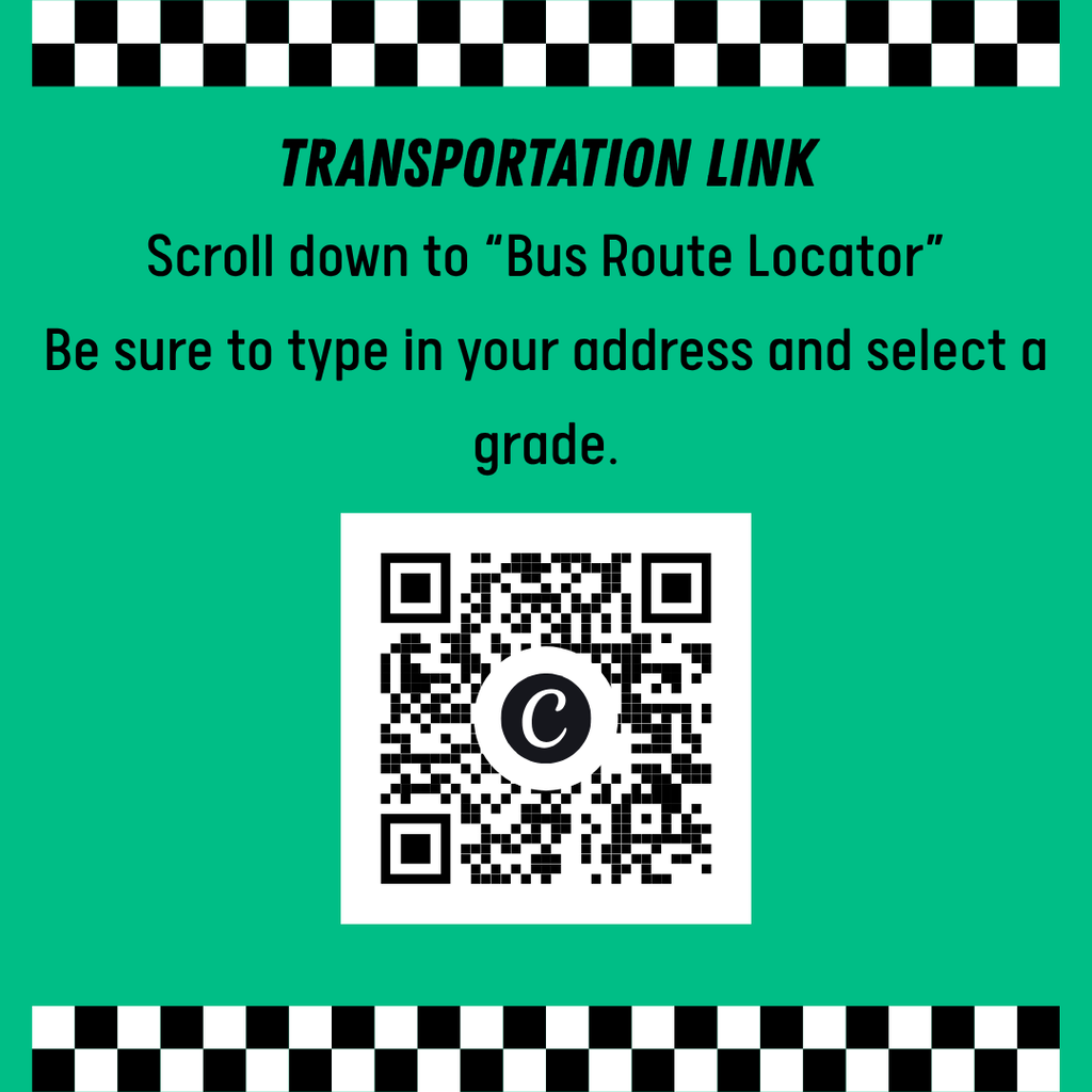 Green background with black and white checkered border. Text reads "Transportation Link" and instructions for using a "Bus Route Locator." A QR code is centered below.