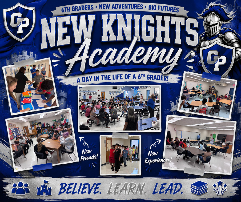 Collage graphic celebrating Oak Park Middle School's New Knights Academy. The design features the school's royal blue and silver colors with the official Silver Knight mascot, castle graphics, and the headline, "New Knights Academy – A Day in the Life of a 6th Grader!" Six photos show incoming sixth-grade students participating in orientation activities, including checking in, gathering in the cafeteria for a welcome presentation, rotating through classrooms, listening to teachers, touring the school, and walking through the halls together. Decorative captions read "New Friends!" and "New Experiences!" The bottom of the graphic displays the school motto: "Believe. Learn. Lead." The overall design celebrates students beginning their middle school journey at Oak Park Middle School.