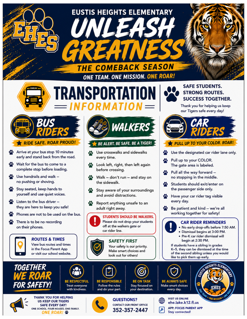 A poster with a tiger on top and "Eustis Heights Elementary Unleash Greatness" text. It includes transportation info, safety tips, and contact details.