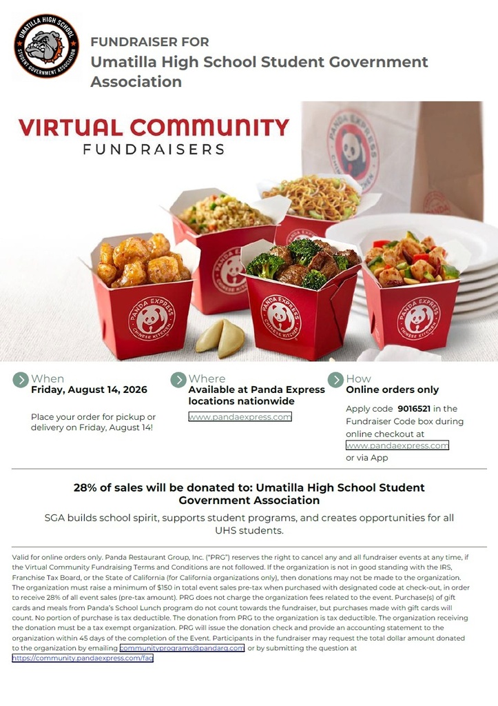 Flyer for a fundraiser event. It contains a list of food items in red boxes with a Panda Express logo.