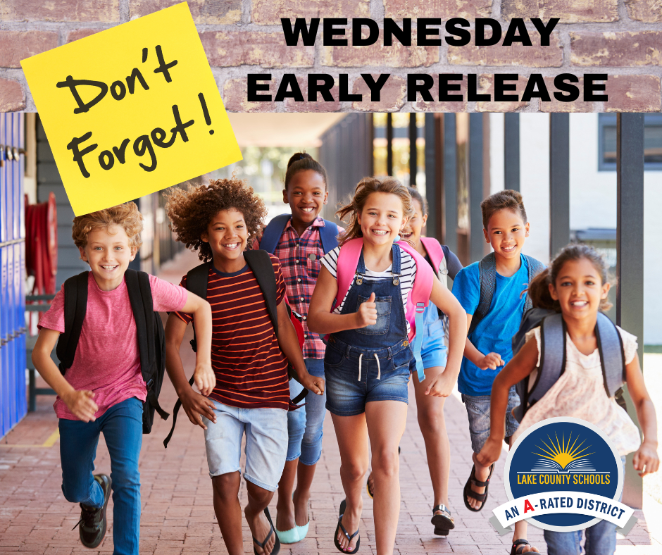 Children wearing backpacks walk together through a brick hallway, with a yellow sign reading "Don't Forget!" and "Wednesday Early Release."