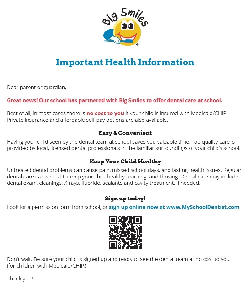 Text on a white background reads "Important Health Information" with a smiling face. A QR code and details about dental care at school follow.